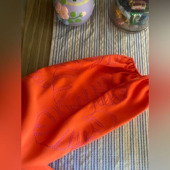 Trina Turk womens Mini Dress Orange 3/4 Balloon Sleeve Embroidered V Neck Small - Picture 6 of 13